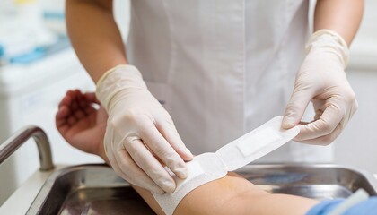 Medical professional applying a sterile bandage to a patient's arm in a clinical setting, showcasing the importance of proper wound care and patient treatment techniques