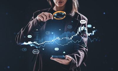 Businesswoman analyzing forex and crypto stock market chart usin