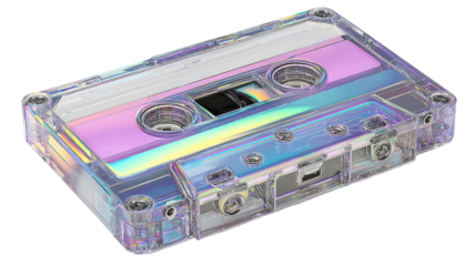 Vintage black plastic audio cassette tape for music recording and sound data storage isolated on a white background as an obsolete retro stereo media technology object