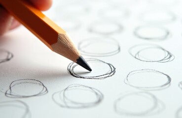 Hand draws circle with pencil on paper. Student completes test exam with circles. Learning, education, assessment task, geometry. Focus on the practice.