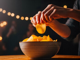 Hands grabbing yellow potato chips from a bowl in festive setting  