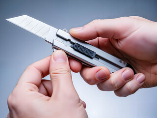 Hands holding a utility knife with retractable blade mechanism