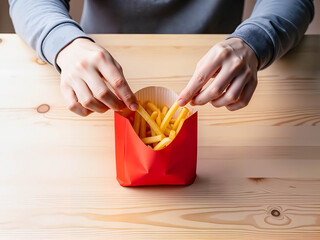 Hands reaching into red fry bag to grab golden French fries  