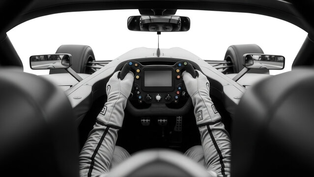 Intense black and white pov shows a driver's gloved hands gripping the race car steering wheel, emphasizing competitive winter sport.
