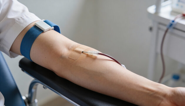 Arm of a patient with a bandage and needle, receiving blood donation in a clinical setting, showcasing the importance of community health and support for medical needs
