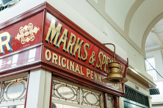 Newcastle upon Tyne UK: 17th Nov 2025: Marks and Spencer Penny Bazaar at Newcastle Grainger Market store front vintage signage