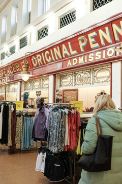 Newcastle upon Tyne UK: 17th Nov 2025: Marks and Spencer Penny Bazaar at Newcastle Grainger Market store front vintage signage