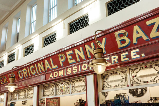 Newcastle upon Tyne UK: 17th Nov 2025: Marks and Spencer Penny Bazaar at Newcastle Grainger Market store front vintage signage