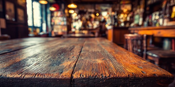 Close-Up View of a Rustic Wooden Table in an Empty Irish Pub