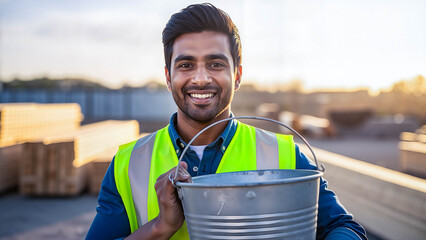 Smiling man in safety vest holding bucket at construction site  