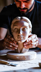 Male sculptor shaping clay bust of a woman in workshop  