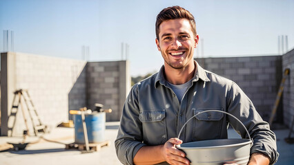 Smiling builder holding a bucket while standing at construction site  
