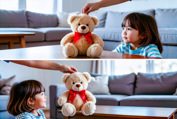 Young girl playing with teddy bear while sitting at home table  