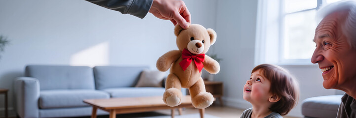 Grandfather handing stuffed bear to smiling toddler in cozy living room  