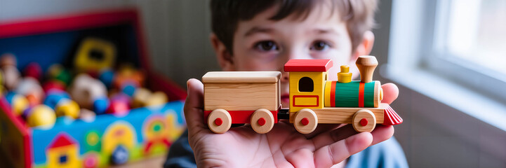 Young boy holding colorful wooden train toy indoors  