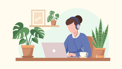 Woman working remotely on a laptop with headphones and plants surrounding her home office setup