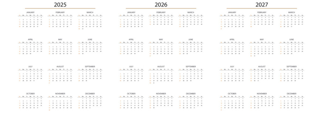 MobileSet of vector calendars for 2025-2027. Includes 12-month sheets with weeks starting on Sunday. Perfect for desk calendar design, planning, and printable templates. 2025-2026-2027 years annual pl
