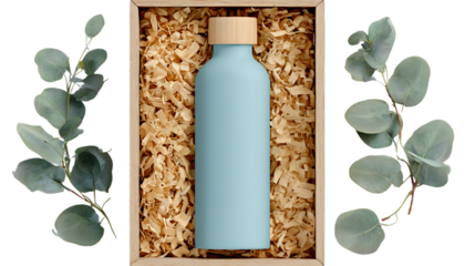 A blue reusable water bottle in a wooden box with eucalyptus leaves on a transparent background