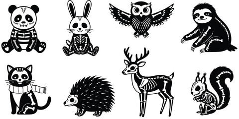 Cute animal skeleton silhouette collection featuring panda rabbit owl sloth cat hedgehog deer and squirrel icons for spooky halloween sticker decal designs. © Priyanka