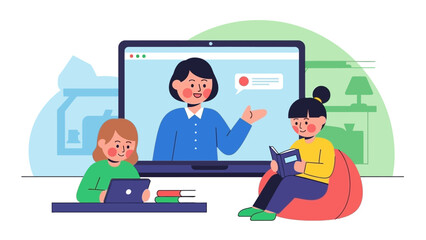 A vibrant illustration depicting young students immersed in remote learning, actively participating in a virtual class led by an online teacher, fostering effective digital education