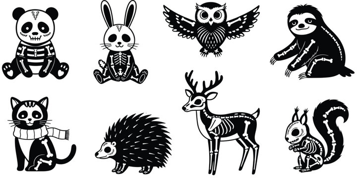 Cute animal skeleton silhouette collection featuring panda rabbit owl sloth cat hedgehog deer and squirrel icons for spooky halloween sticker decal designs.