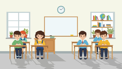 Classroom learning students sitting at desks with books, attending a lesson in a bright, modern school setting with a whiteboard and globe, representing education and academic growth
