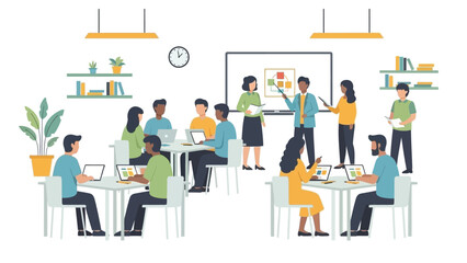 Fototapeta premium Diverse group of people in a modern office collaborating and learning in a bright, open-plan workspace