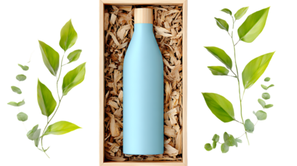 Eco friendly blue reusable water bottle in a wooden box with green leaves on transparent background