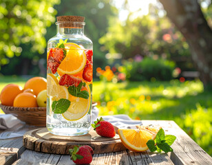 Glass dispenser jar filled with detox water containing orange slices, strawberries, and mint outdoors. Generative AI