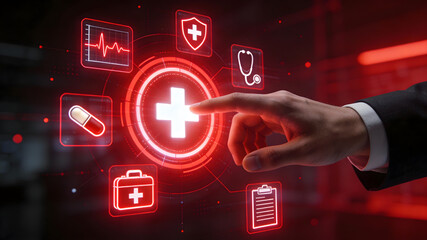 A hand touching a glowing red medical cross on a futuristic healthcare interface with digital medical icons.