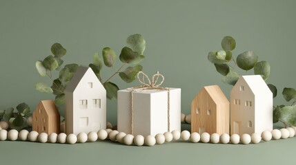 A group of small houses with a plant in the background