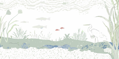 A serene illustration depicts pond life with fish birds and aquatic plants © Tasnim