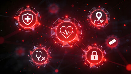 Red glowing healthcare icons connected in a digital network with a heart rate symbol in the center.