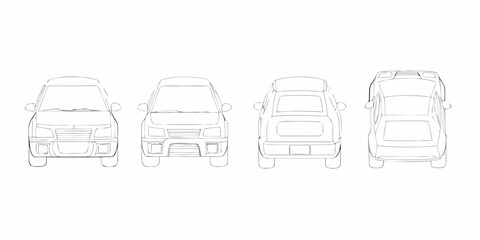 Obraz premium Line drawing illustration of a small van from four different views