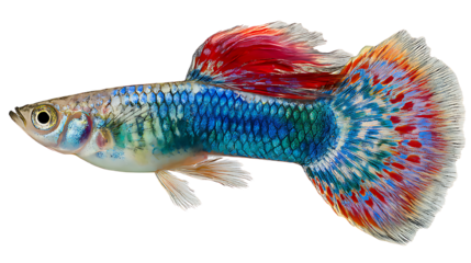 Colorful guppy fish with vibrant blue and red fins and tail isolated on transparent background