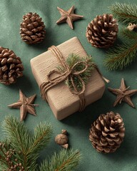 A present box wrapped in brown paper with a pine branch and star