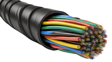 A black cable with multiple colorful wires exposed at the end isolated on transparent background