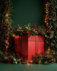 A red box with a christmas tree and lights