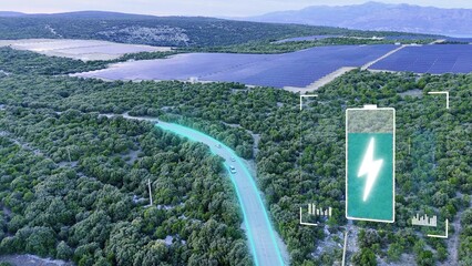 Electric cars driving on road with battery symbol and solar panels in background. Added graphic