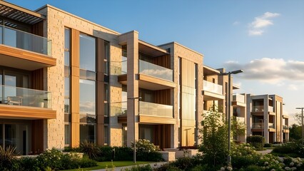 Modern residential buildings with repetitive balconies and clean contemporary design