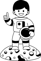 Obraz premium Black and white illustration of a man in a spacesuit giving a thumbs up on the moon