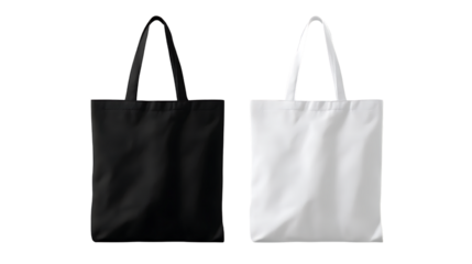 Two canvas tote bags in black and white isolated on transparent background