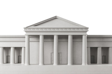 Obraz premium Classical style courthouse building with columns and pediment on white background, front view architectural concept in creative minimal composition. 3D Rendering