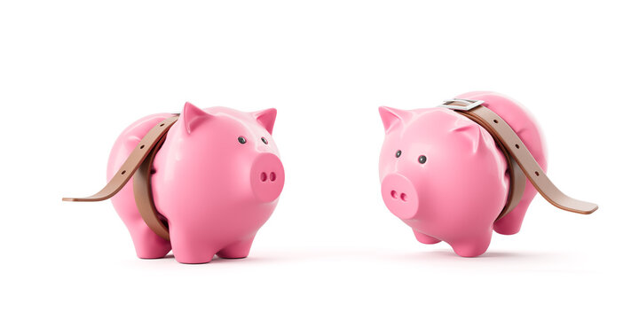 Two pink piggy banks with tightened brown belts symbolizing financial savings struggle and budget constraints on white background. Conceptual creative scene. 3D Rendering
