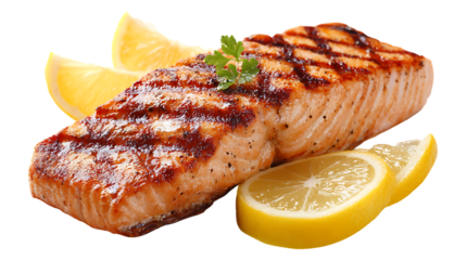 Grilled salmon fillet with lemon slices isolated on transparent background