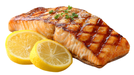 Grilled salmon fillet with lemon slices on transparent background