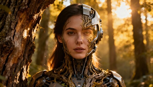 plastic pollution cyborg woman by tree in warm forest light with detailed helmet and soft bokeh