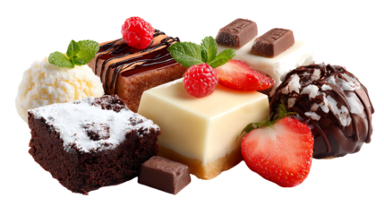Assorted chocolates and sweets with strawberries on transparent background