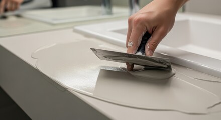 Obraz premium Detail shot of fingers holding a trowel smoothing fresh microcement on a bathroom sink countertop for a sleek waterproof finish.