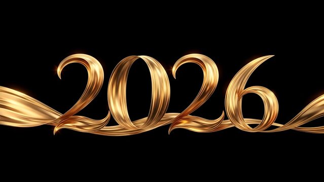 Golden 2026 numbers flowing like fabric on black background new year metallic - Powered by Adobe